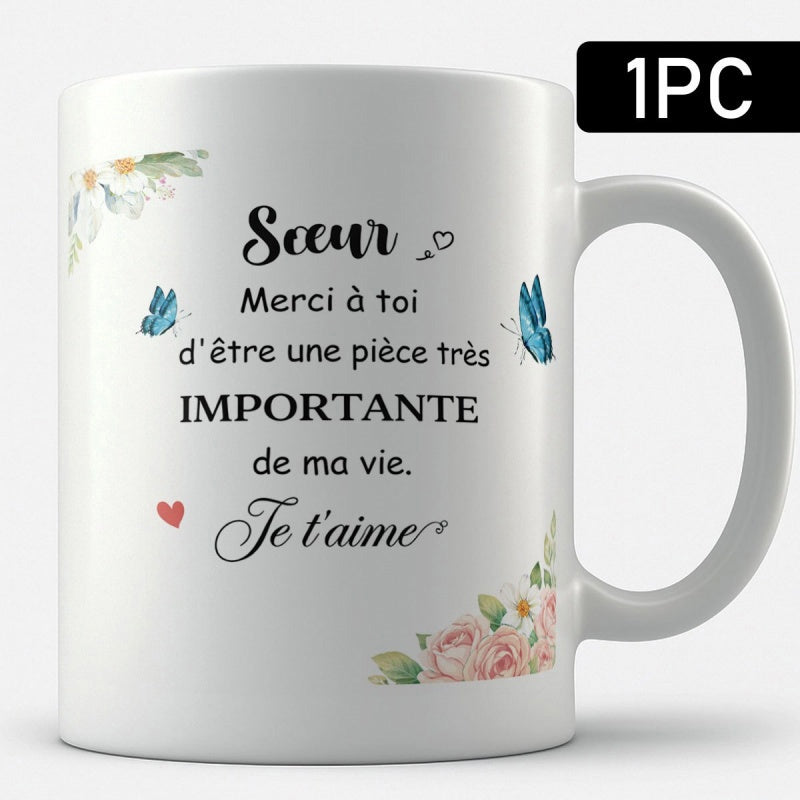 Tailorly White Ceramic 11 oz Mug - Elegant Blooming Pink Roses With Blue Butterflies And Small Heart Mug