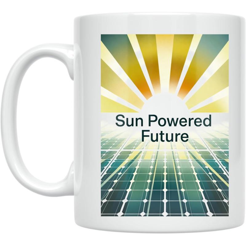 Tailorly White Ceramic 11 oz Mug - Sun Powered Future Glistening Blue Solar Panels Under A Radiant Golden Glowing Sun