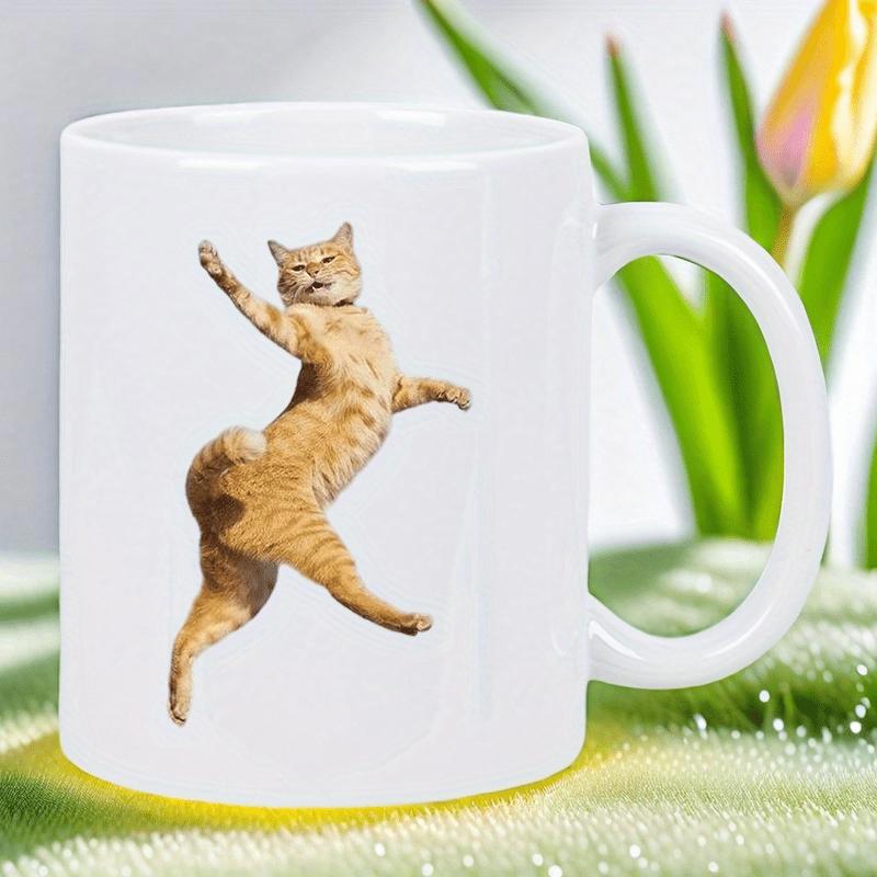 Tailorly White Ceramic 11 oz Mug - Playful Ginger Tabby Dancing In Mid Air With Dynamic Poses Cat