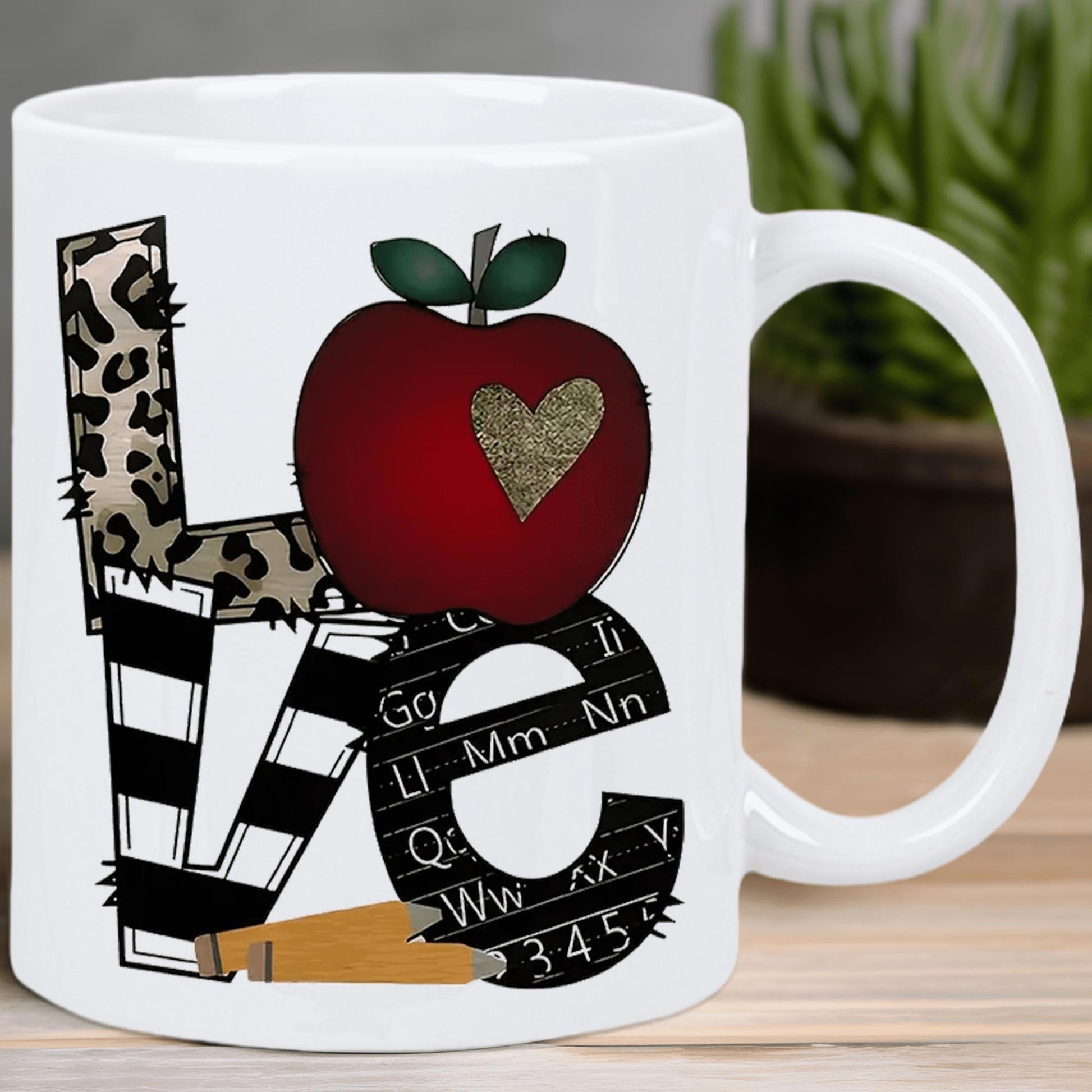 Tailorly White Ceramic 11 oz Mug - Love Educational Pattern With Leopard Print And Striped Chalkboard Red Apple