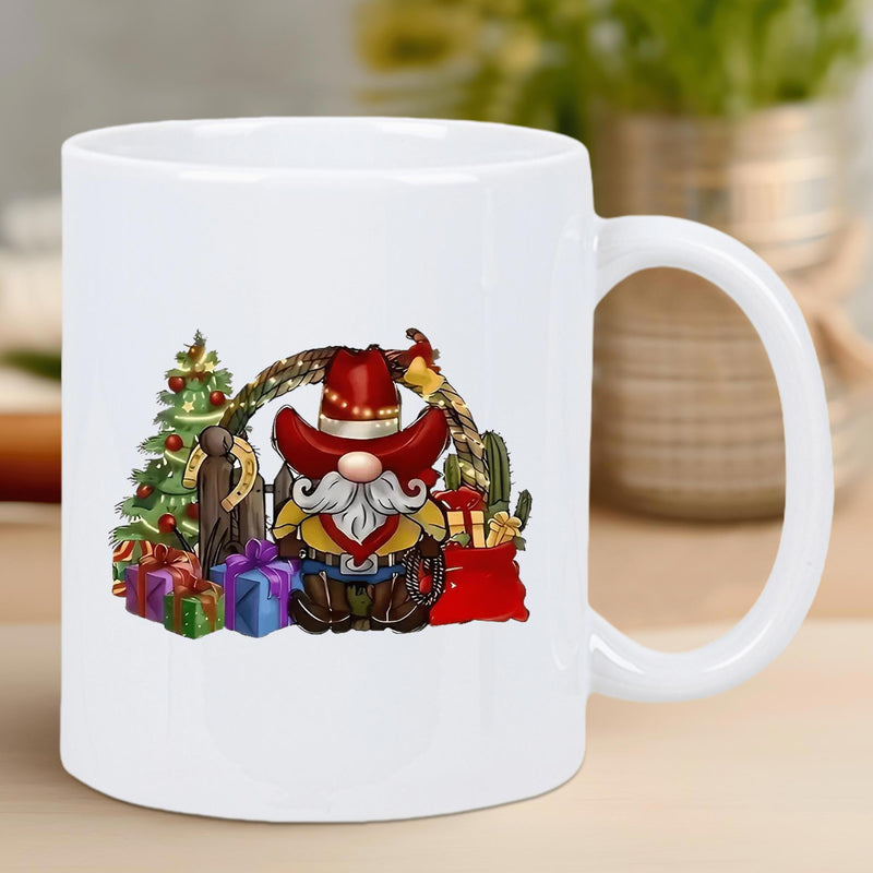 Tailorly White Ceramic 11 oz Mug - Festive Holiday Decoration With Colorful Wrapped Gifts And Snowy Pine Tree Gnome