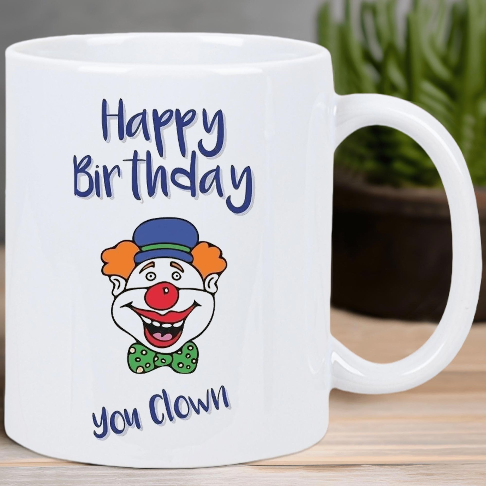 Tailorly White Ceramic 11 oz Mug - Happy Birthday You Clown Smiling Cartoon Face With Blue Hat And Green Bowtie Clown