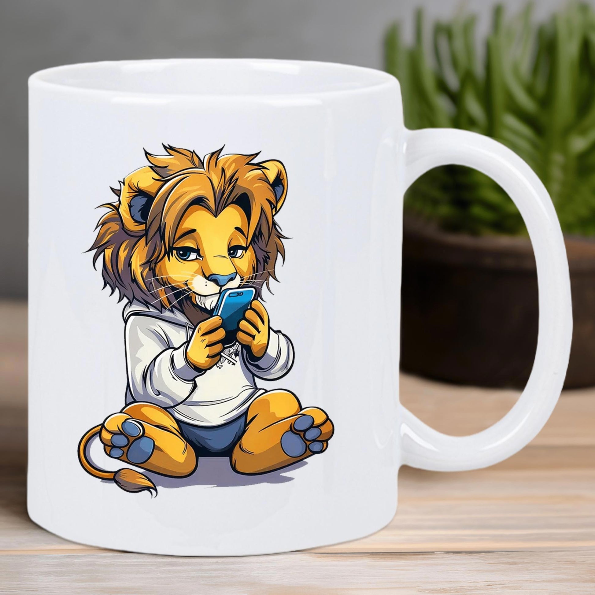 Tailorly White Ceramic 11 oz Mug - Adorable Cartoon Wearing White Hoodie Sitting Holding Small Blue Smartphone Lion