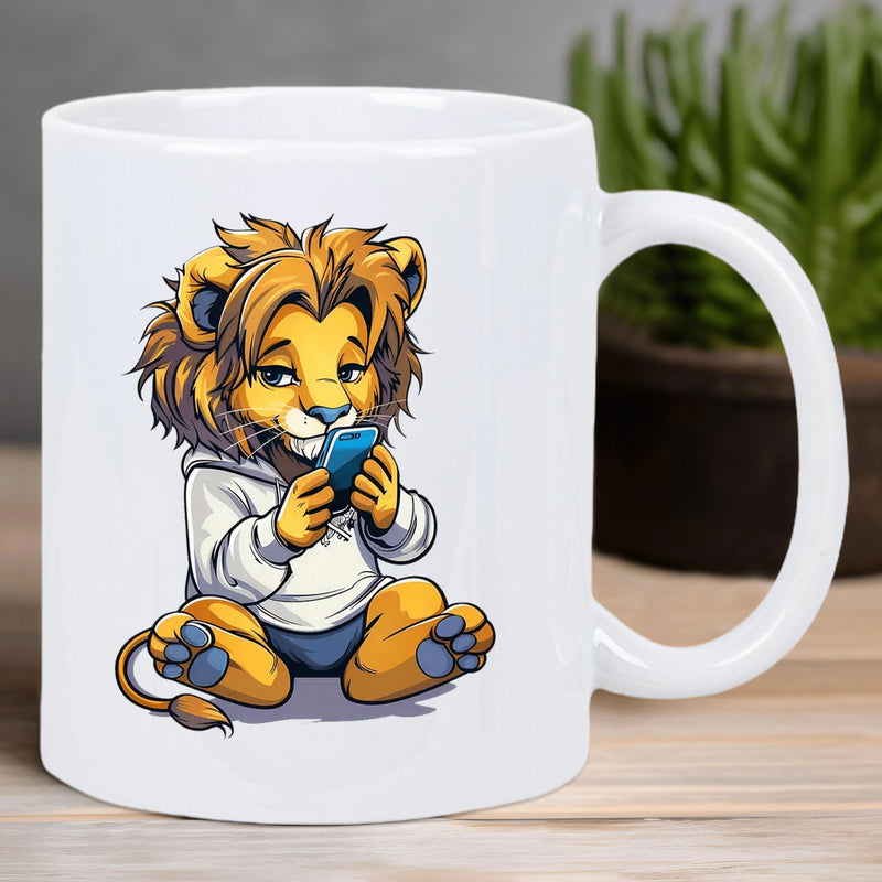 Tailorly White Ceramic 11 oz Mug - Adorable Cartoon Wearing White Hoodie Sitting Holding Small Blue Smartphone Lion