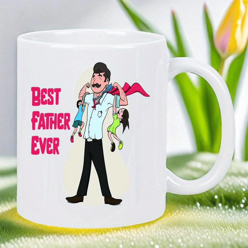 Tailorly White Ceramic 11 oz Mug - Best Father Ever Strong Cartoon Superhero Wearing Red Cape Carrying Two Small Children Father