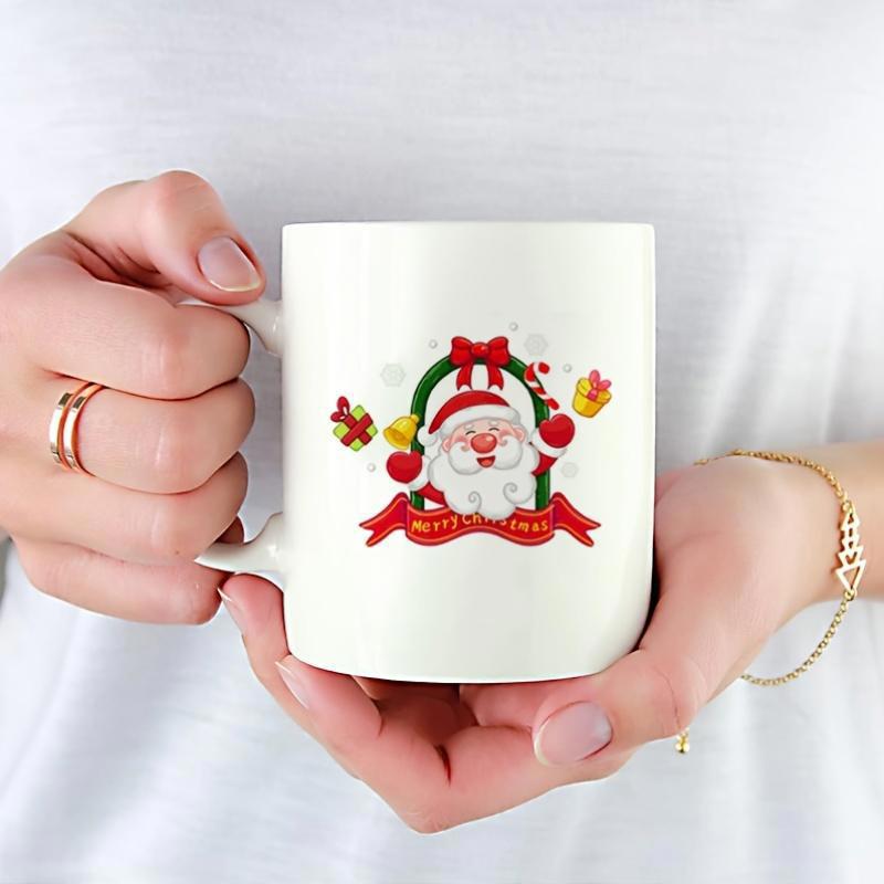 Tailorly White Ceramic 11 oz Mug - Merry Christmas Joyful Cartoon Character Inside Festive Wreath With Red Ribbon Santa Claus