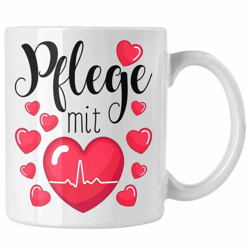 Tailorly White Ceramic 11 oz Mug - Vibrant Red Heart With Pulse Line Among Floating Small Mini Hearts Heart