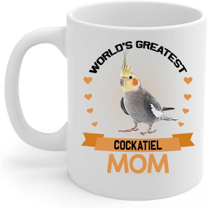Tailorly White Ceramic 11 oz Mug - Worlds Greatest Cockatiel Mom Charming Grey Bird With Orange Cheeks Among Orange Hearts Cockatiel