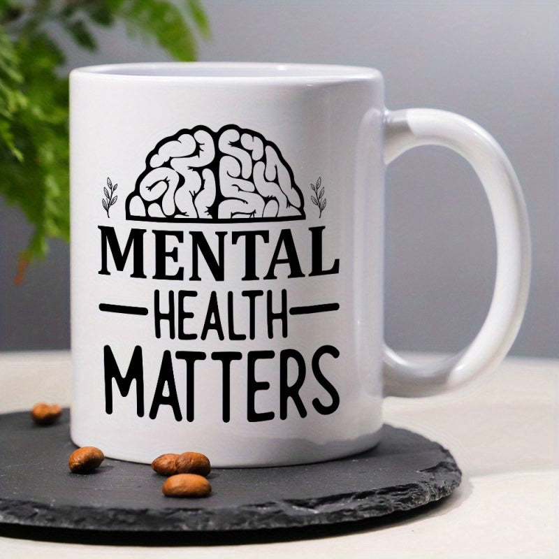 Tailorly White Ceramic 11 oz Mug - Mental Health Matters Minimalist Line Art Depicting Human Anatomy Surrounded By Delicate Botanical Sprigs Brain