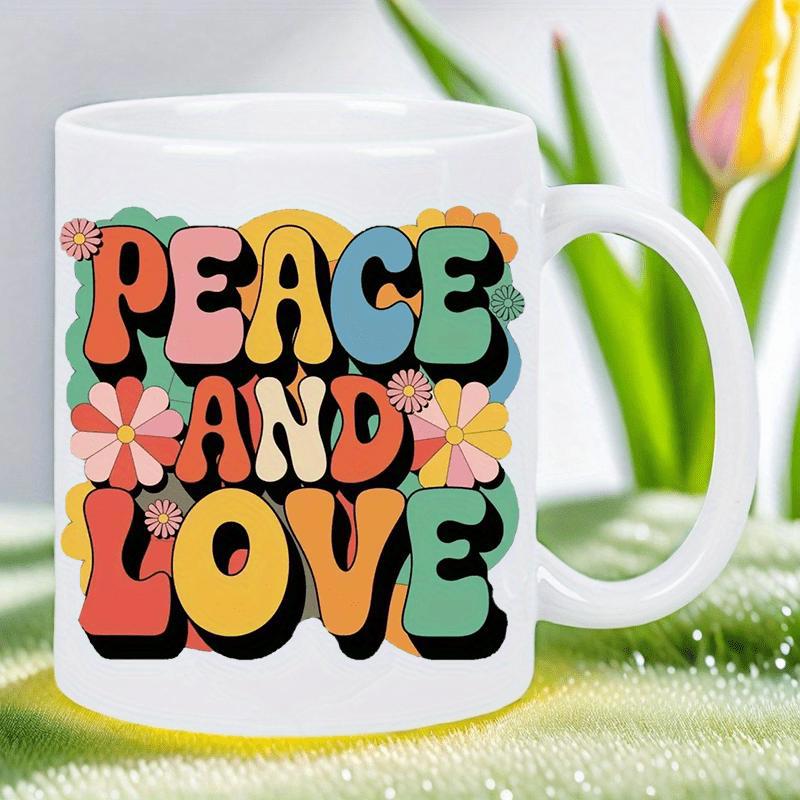 Tailorly White Ceramic 11 oz Mug - Peace And Love Vibrant Retro Seventy Style Flowers Blossoming In Groovy Aesthetic Colors Mug