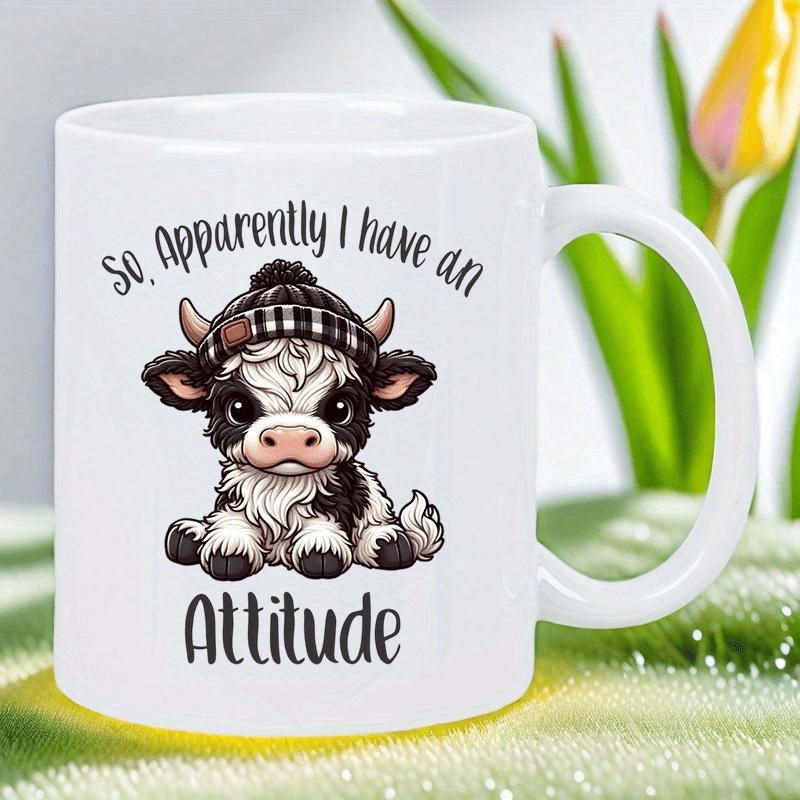 Tailorly White Ceramic 11 oz Mug - So Apparently I Have An Attitude Adorable Baby Cow Wearing A Plaid Beanie Hat Resting On Ground Cow