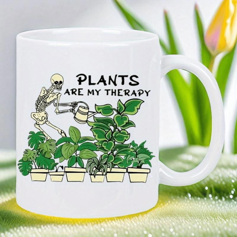 Tailorly White Ceramic 11 oz Mug - Plants Are My Therapy Skeleton Watering Diverse Green Leafy Potted Plants In Sunlit Garden Skeleton
