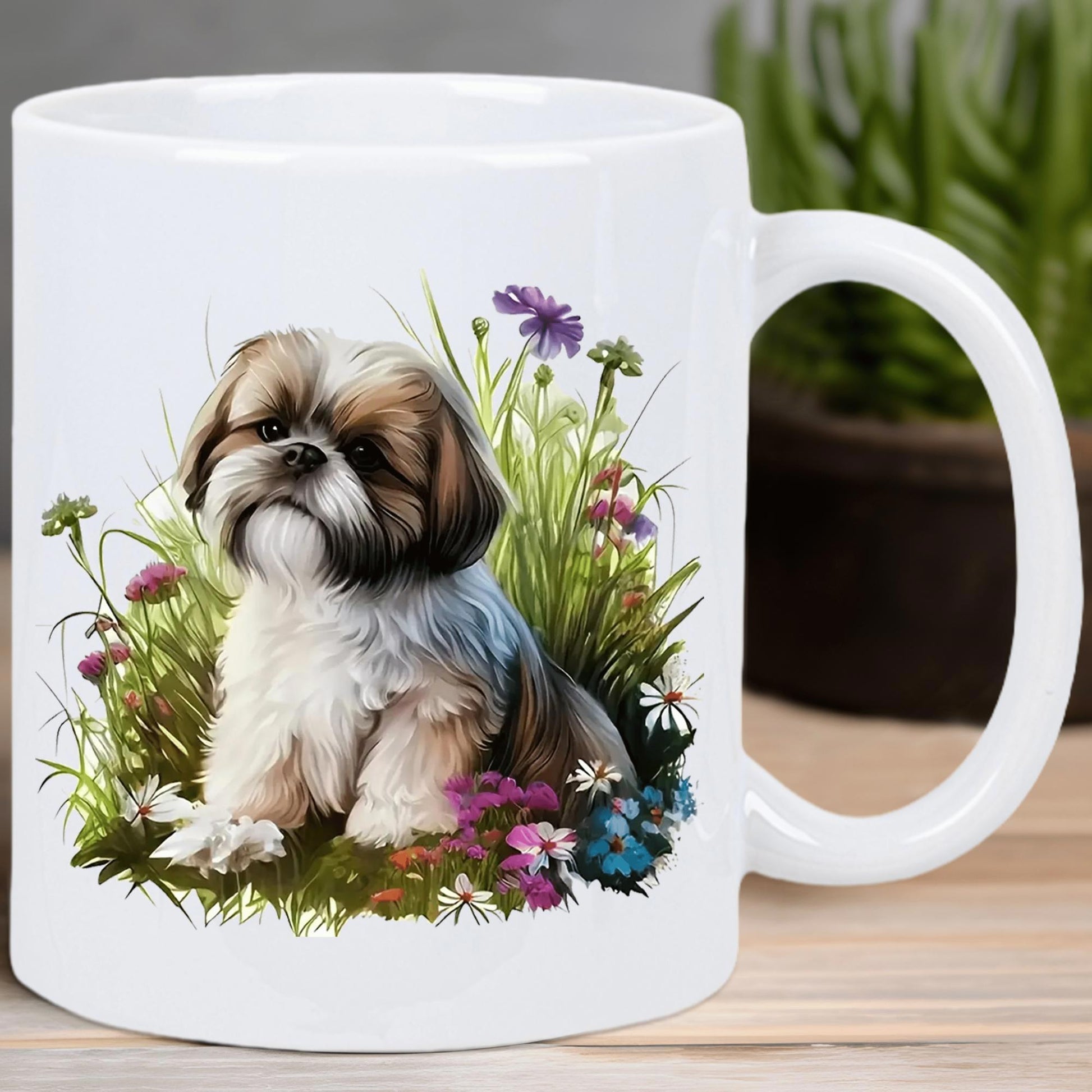 Tailorly White Ceramic 11 oz Mug - Cute Shih Tzu Sitting Amidst Wildflowers In A Lush Green Garden Dog
