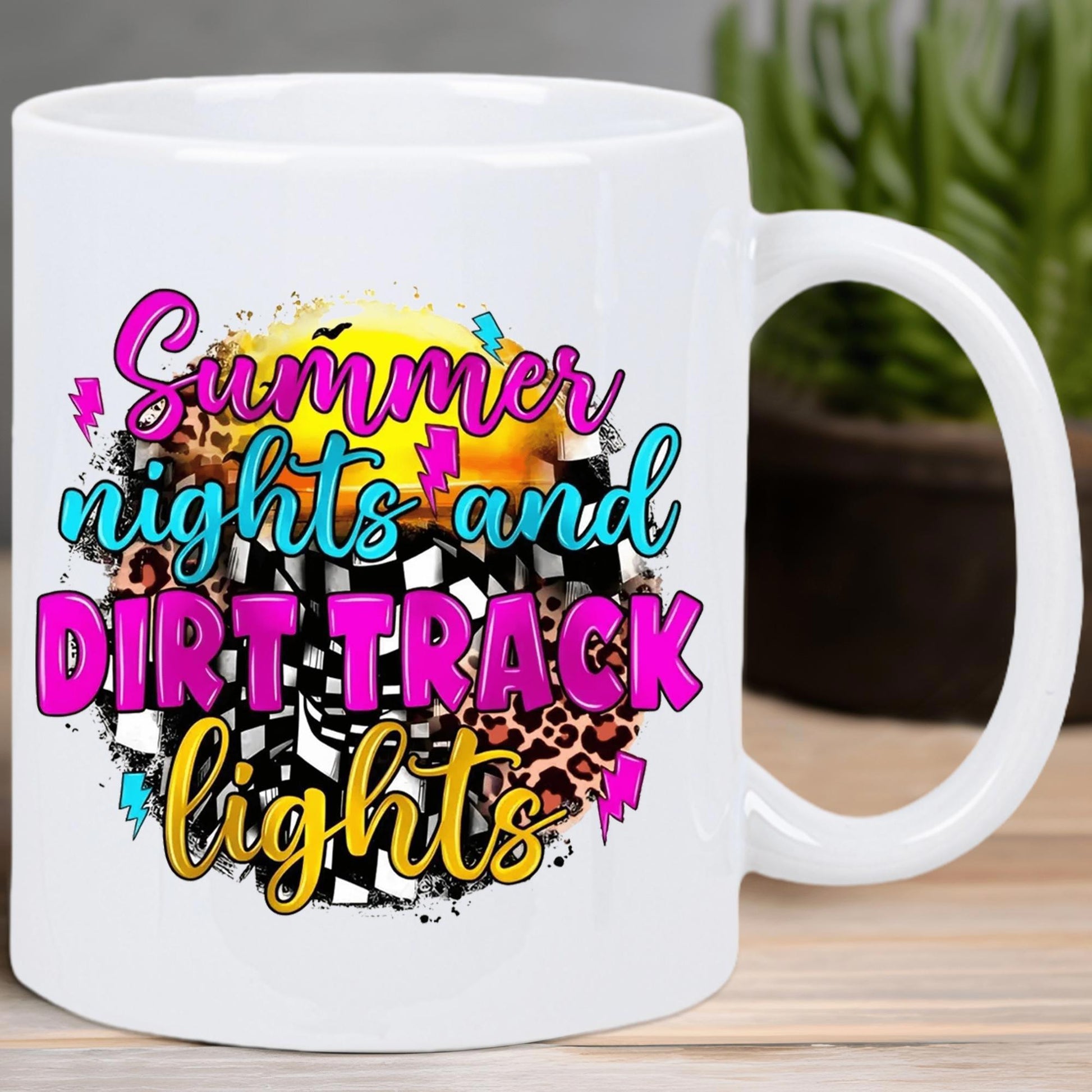 Tailorly White Ceramic 11 oz Mug - Summer Nights And Dirt Track Lights Vibrant Checkered Flag Pattern With Leopard Print And Colorful Accents Mug