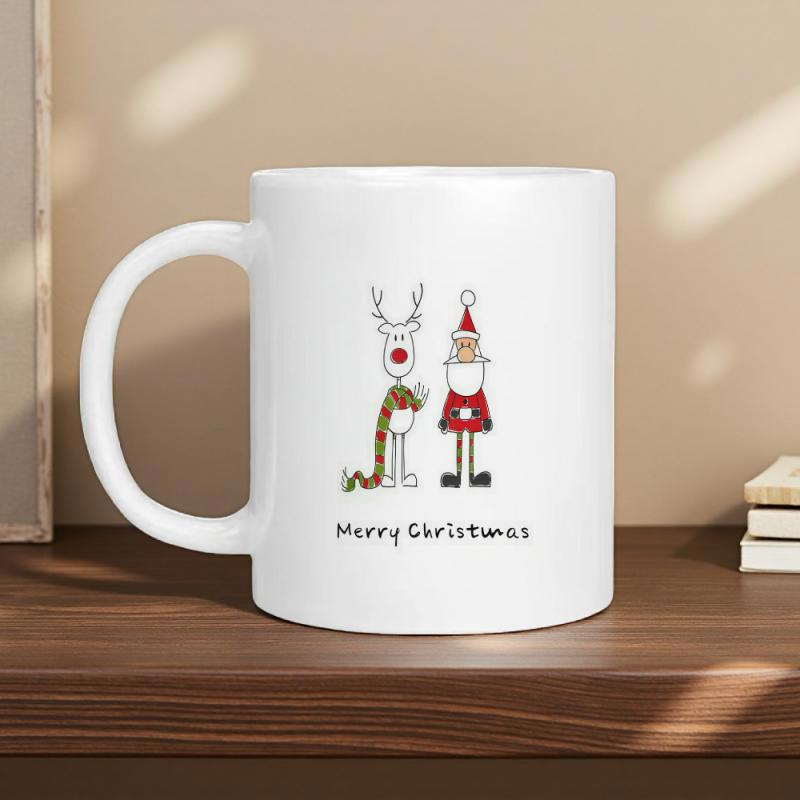 Tailorly White Ceramic 11 oz Mug - Merry Christmas Minimalist Hand Drawn Stick Style Santa And Red Nosed Reindeer