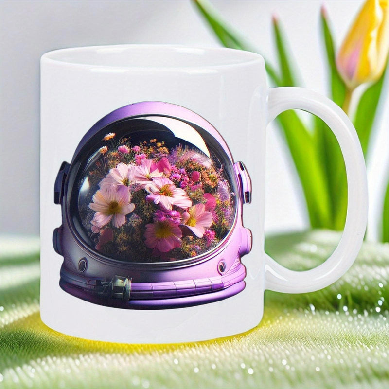 Tailorly White Ceramic 11 oz Mug - Vibrant Pink Blossoms Blooming Inside A Futuristic Purple Metallic Space Astronaut Helmet