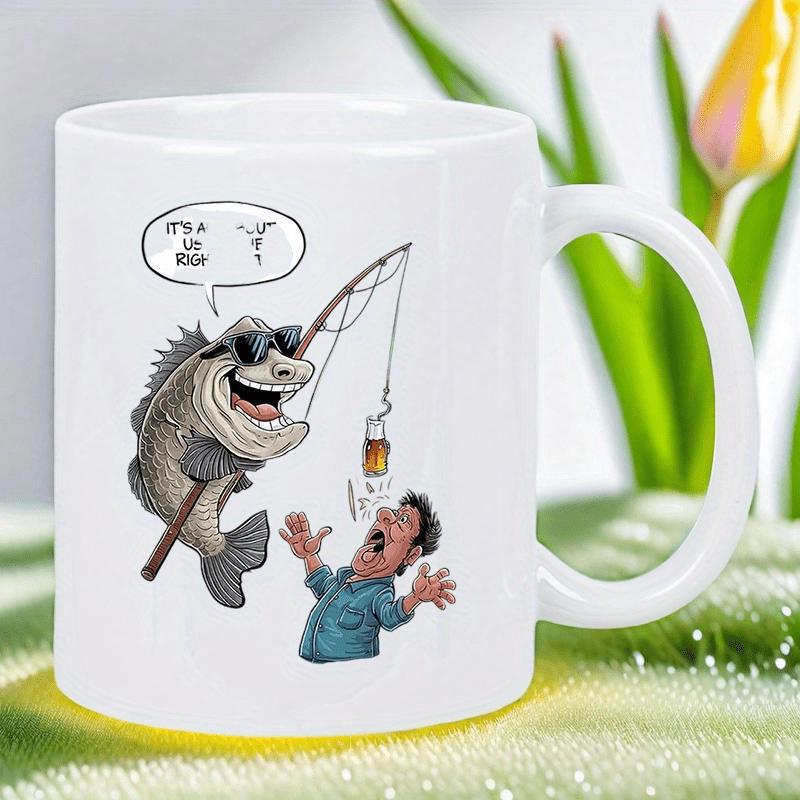 Tailorly White Ceramic 11 oz Mug - Its A Beer Humorous Cartoon Character Wearing Sunglasses Catching A Surprised Man Using Beer Bait Fish