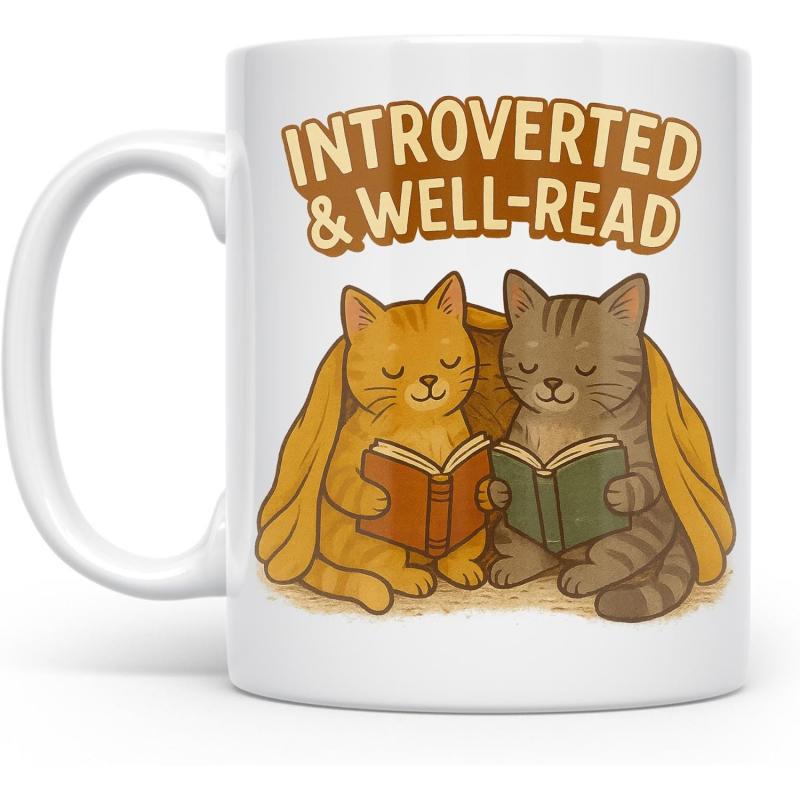 Tailorly White Ceramic 11 oz Mug - Introverted Well Read Two Cute Kittens Reading Small Books Under A Cozy Blanket Cats