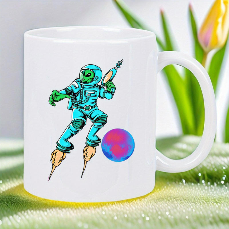Tailorly White Ceramic 11 oz Mug - Vibrant Teal Space Suit Holding Ray Gun Beside Colorful Glowing Planet Alien