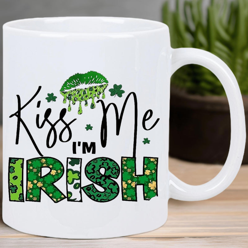 Tailorly White Ceramic 11 oz Mug - Kiss Me Im Irish Green Dripping Lips With Lucky Clovers And Festive Emerald Shamrock Graphic