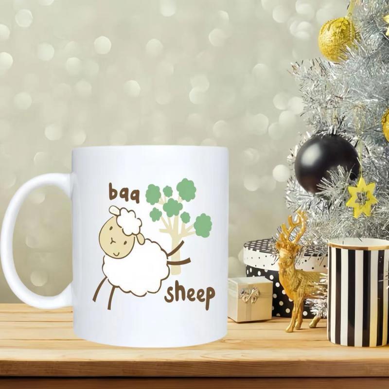 Tailorly White Ceramic 11 oz Mug - Baa Sheep Cute Fluffy Cartoon Character Standing Near Small Green Tree Under Soft Light Sheep