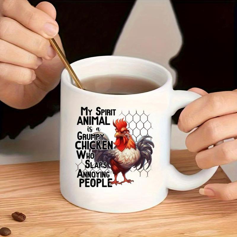 Tailorly White Ceramic 11 oz Mug - My Spirit Animal Is A Grumpy Chicken Who Slaps Annoying People Angry Rooster Standing In Front Of Hexagonal Wire Pattern