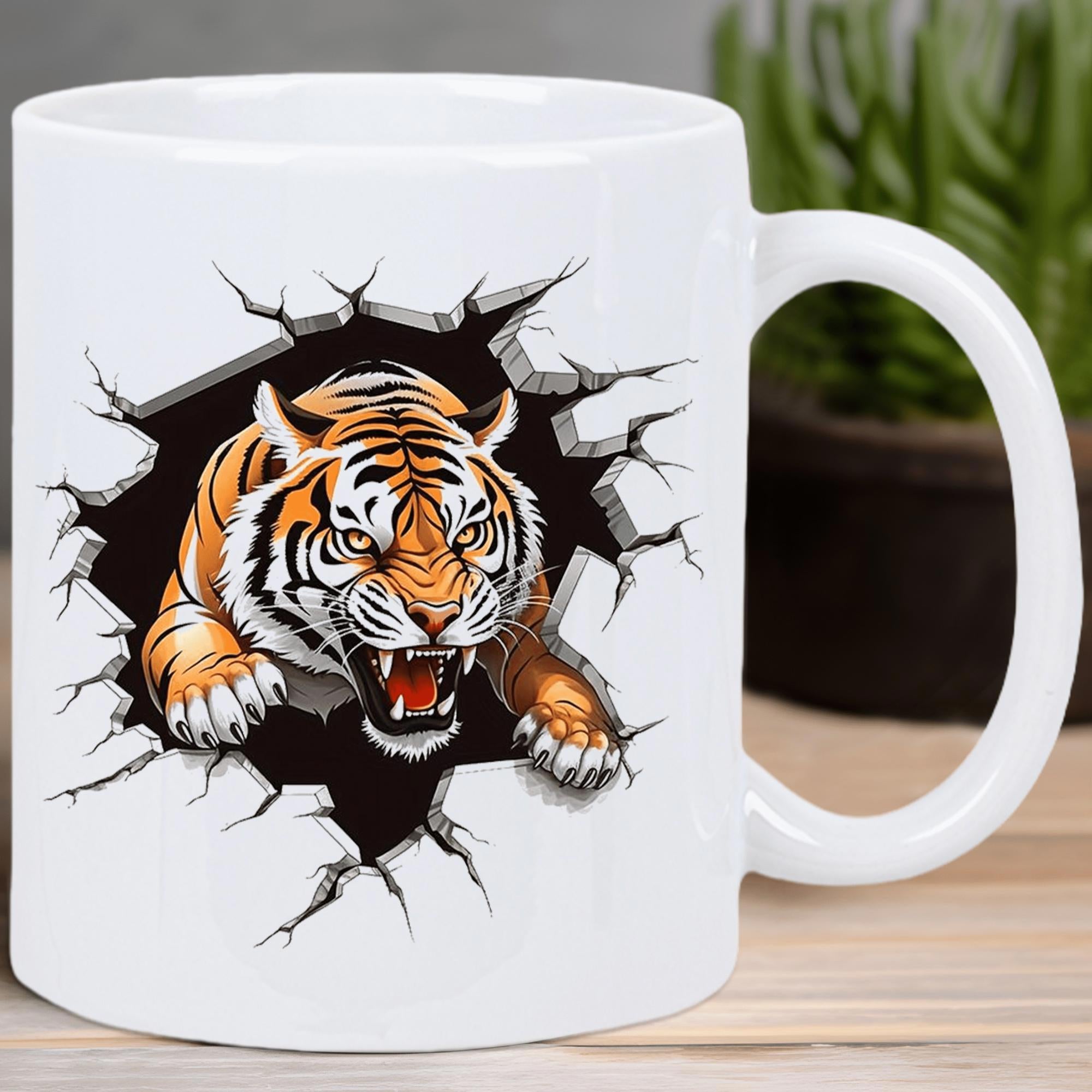 Tailorly White Ceramic 11 oz Mug - Powerful Fierce Roaring Bengal Cat Breaking Through White Cracked Wall Tiger