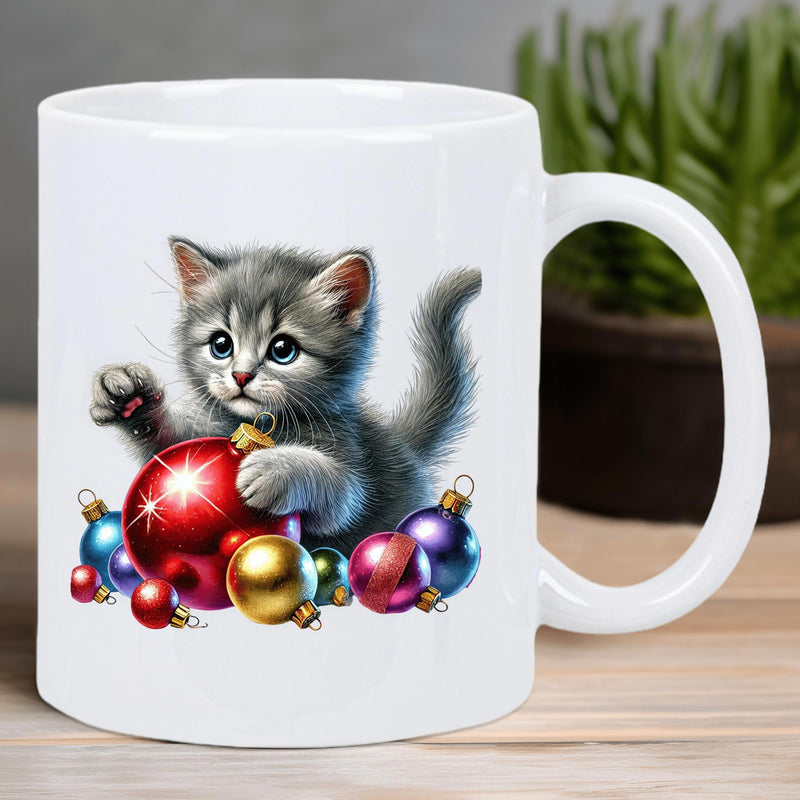 Tailorly White Ceramic 11 oz Mug - Adorable Fluffy Grey Tabby Playing With Sparkling Colorful Festive Ornaments Kitten