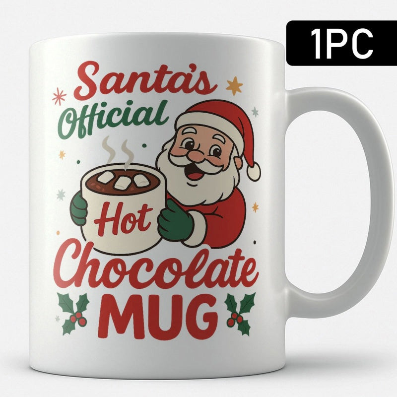 Tailorly White Ceramic 11 oz Mug - Santas Official Hot Chocolate Mug Festive Jolly Santa Claus Holding Hot Cocoa Cup Among Twinkling Stars Santa