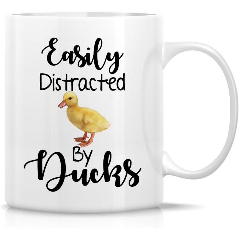 Tailorly White Ceramic 11 oz Mug - Easily Distracted By Ducks Tiny Yellow Duckling Standing Peacefully Between Decorative Text Duckling