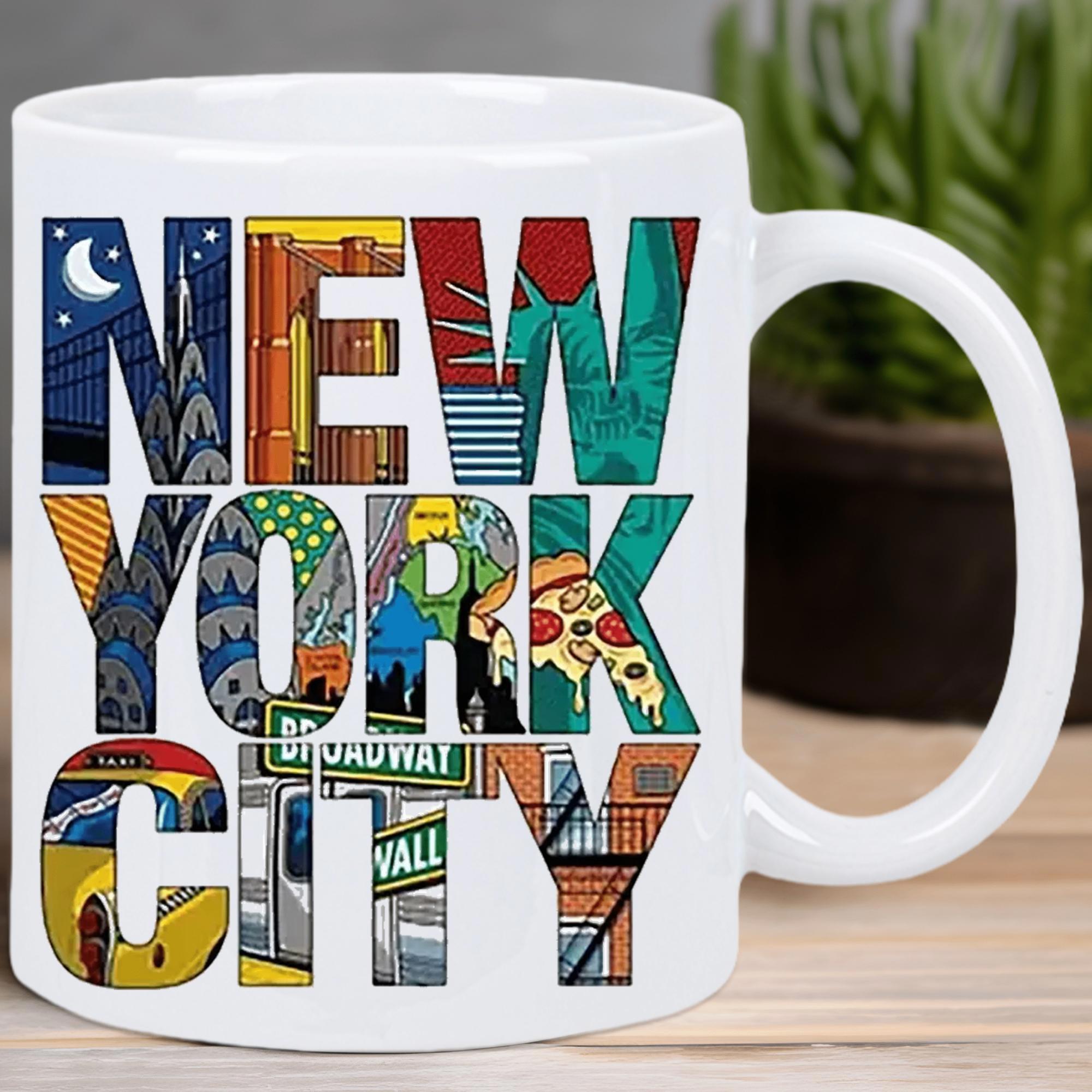 Tailorly White Ceramic 11 oz Mug - New York City Broadway Wall St Vibrant Urban Landmarks Inside Bold Artistic Block Letters Cityscape
