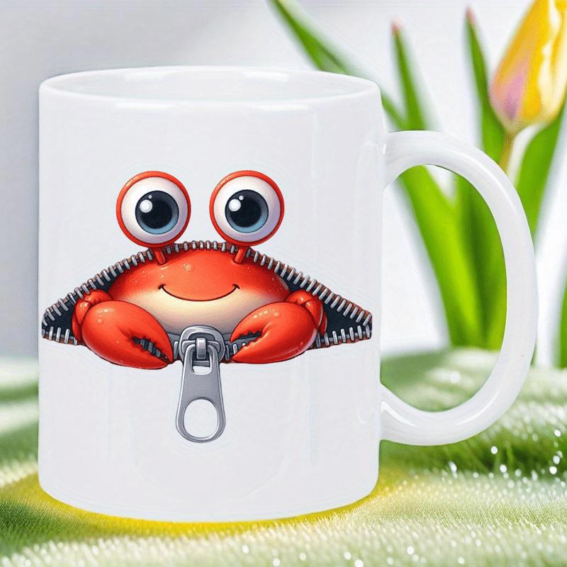 Tailorly White Ceramic 11 oz Mug - Cute Red Animated Sea Creature Peeking Through A Silver Metal Zipper Crab