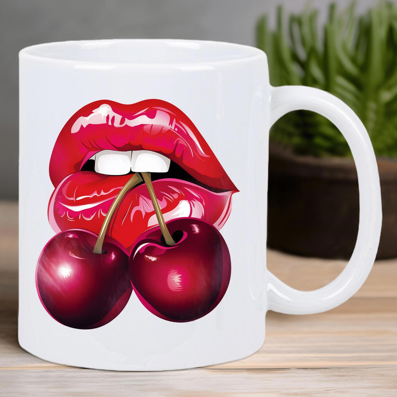 Tailorly White Ceramic 11 oz Mug - Glossy Artistic Red Biting Two Ripe Dark Red Juicy Cherries Lips