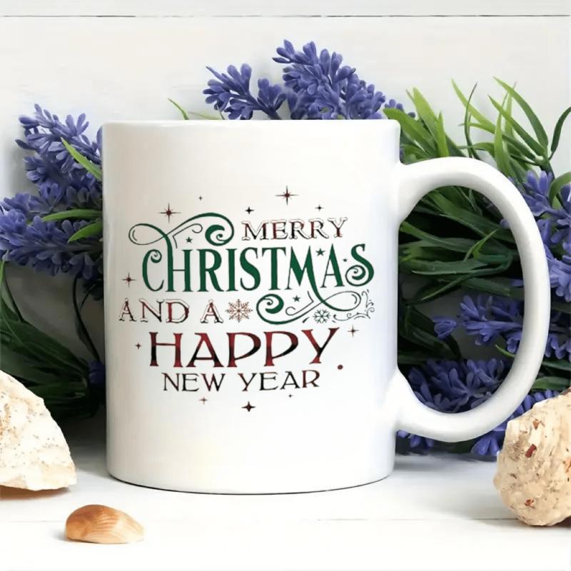 Tailorly White Ceramic 11 oz Mug - Merry Christmas And A Happy New Year Festive Decorative Typography With Sparkling Stars And Winter Snowflake