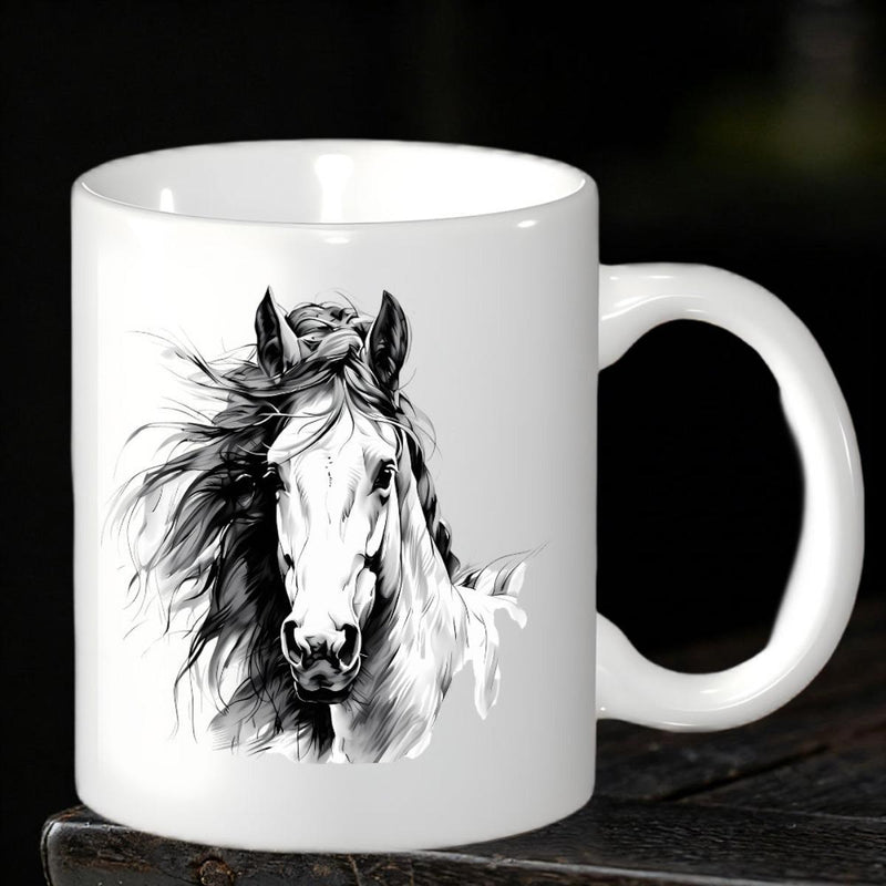 Tailorly White Ceramic 11 oz Mug - Artistic Black And White Sketch Of A Majestic Flowing Mane Horse