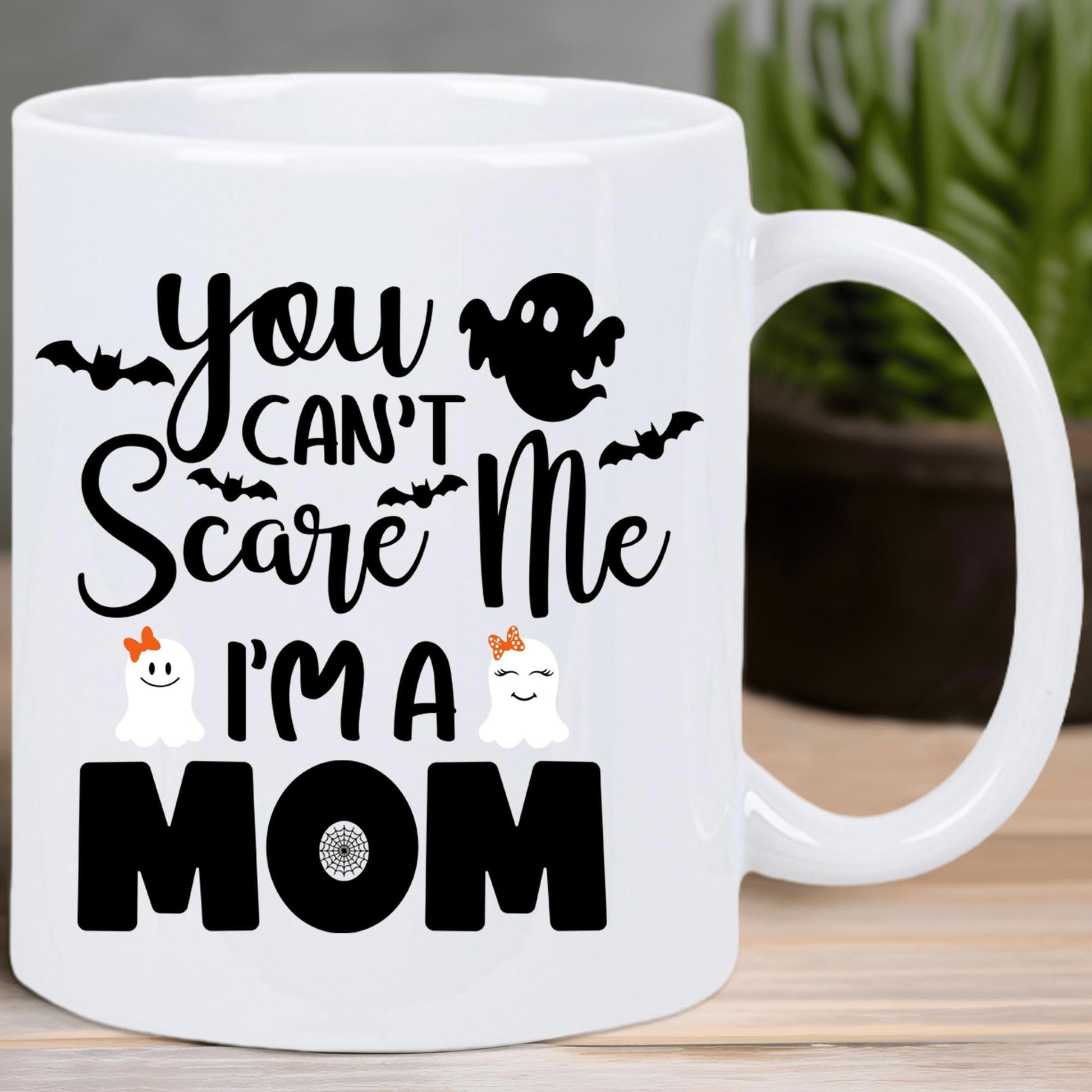 Tailorly White Ceramic 11 oz Mug - You Cant Scare Me Im A Mom Playful Halloween Characters With Small Bats Flying Among Artistic Text Ghost