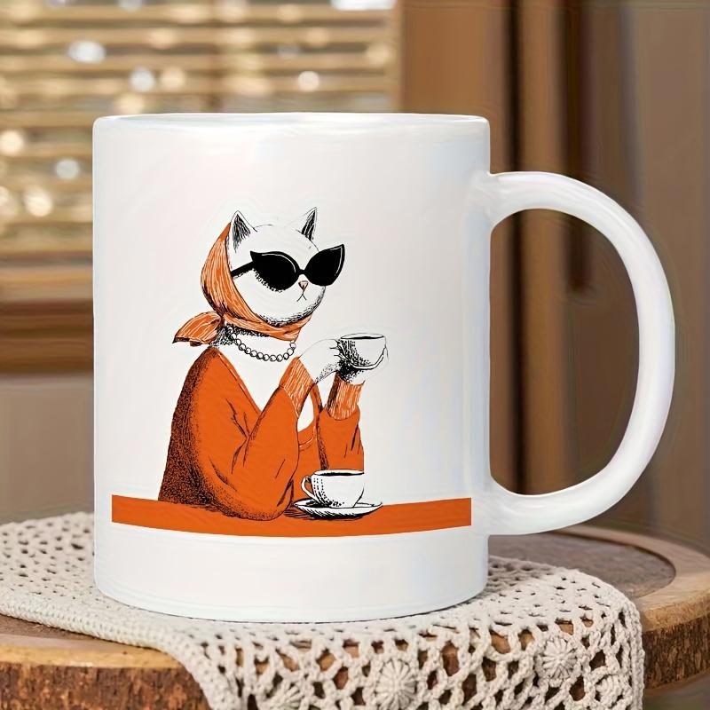 Tailorly White Ceramic 11 oz Mug - Stylish Retro Illustration With Chic Sunglasses And Orange Scarf Drinking Coffee Cat