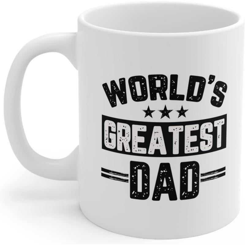 Tailorly White Ceramic 11 oz Mug - World's Greatest Dad Bold Black Distressed Letters Featuring Decorative Stars And Horizontal Lines Typography