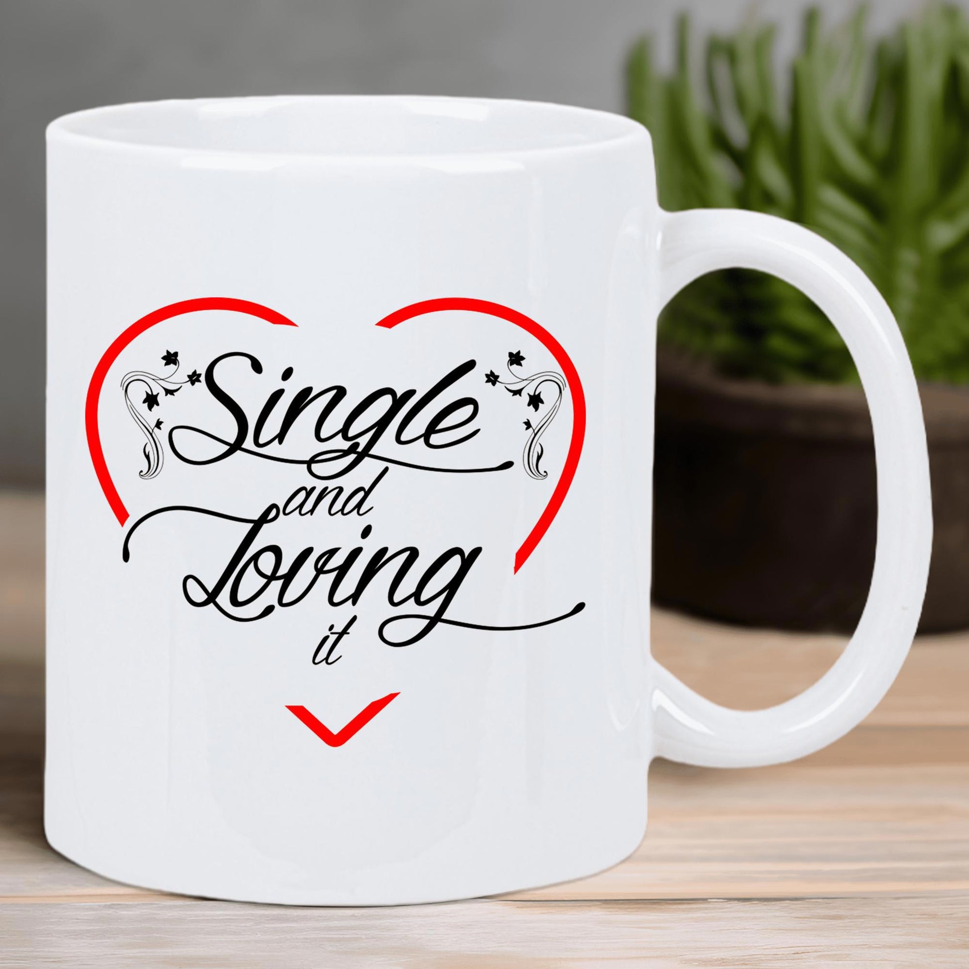Tailorly White Ceramic 11 oz Mug - Single And Loving It Elegant Red Heart Outline With Decorative Swirls Encasing Stylish Script Text Mug
