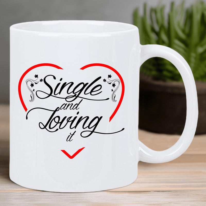 Tailorly White Ceramic 11 oz Mug - Single And Loving It Elegant Red Heart Outline With Decorative Swirls Encasing Stylish Script Text Mug