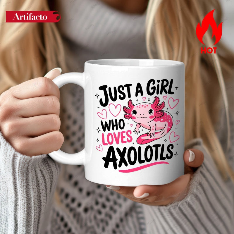 Tailorly White Ceramic 11 oz Mug - Just A Girl Who Loves Axolotls Adorable Pink Cartoon Animal With Tiny Hearts And Stars Axolotl