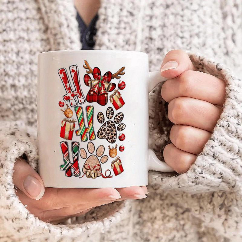 Tailorly White Ceramic 11 oz Mug - Ho Ho Ho Festive Christmas Holiday Design With Reindeer Antlers And Gift Boxes Paw