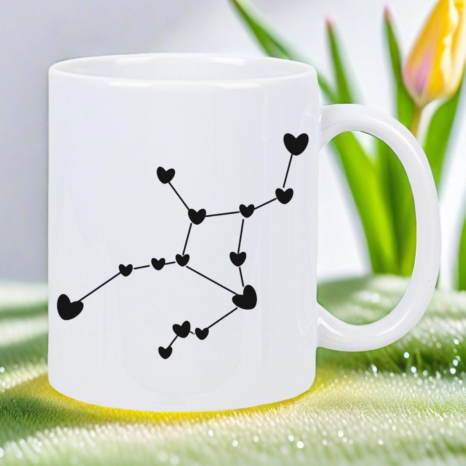 Tailorly White Ceramic 11 oz Mug - Elegant Black Hearts Connected By Thin Lines Forming A Celestial Pattern Constellation