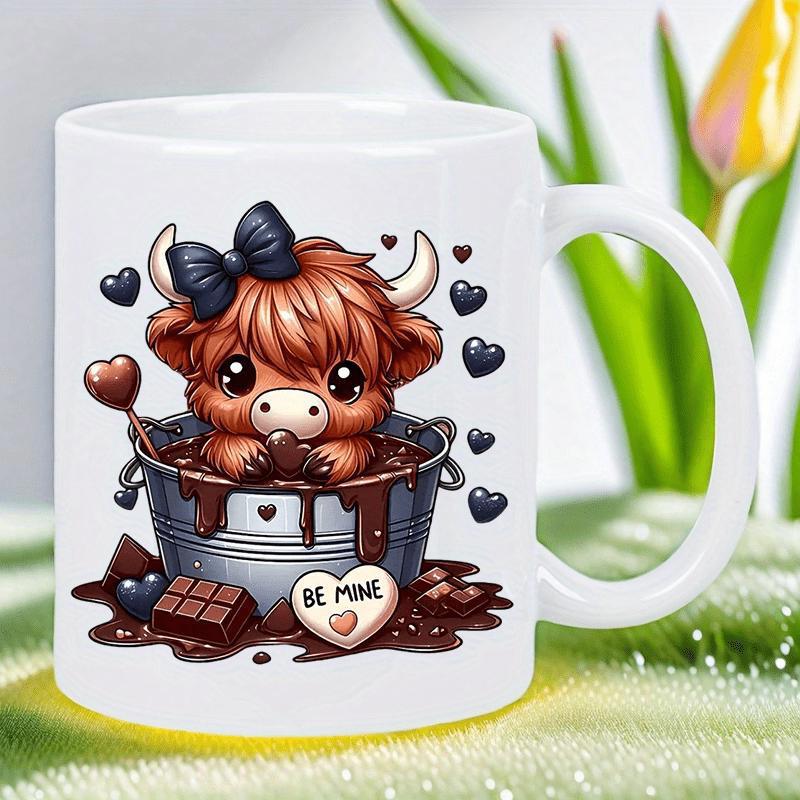 Tailorly White Ceramic 11 oz Mug - Be Mine Adorable Highland Cow Sitting In Chocolate Tub Surrounded By Hearts Cow