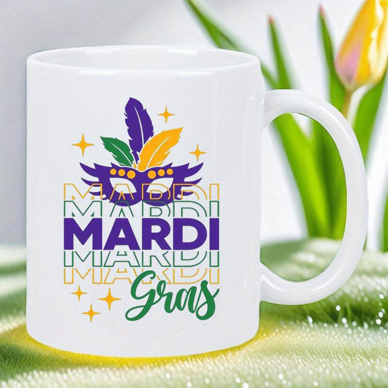Tailorly White Ceramic 11 oz Mug - Mardi Gras Colorful Feathers And Sparkling Golden Stars Surrounding A Purple Masquerade Mask