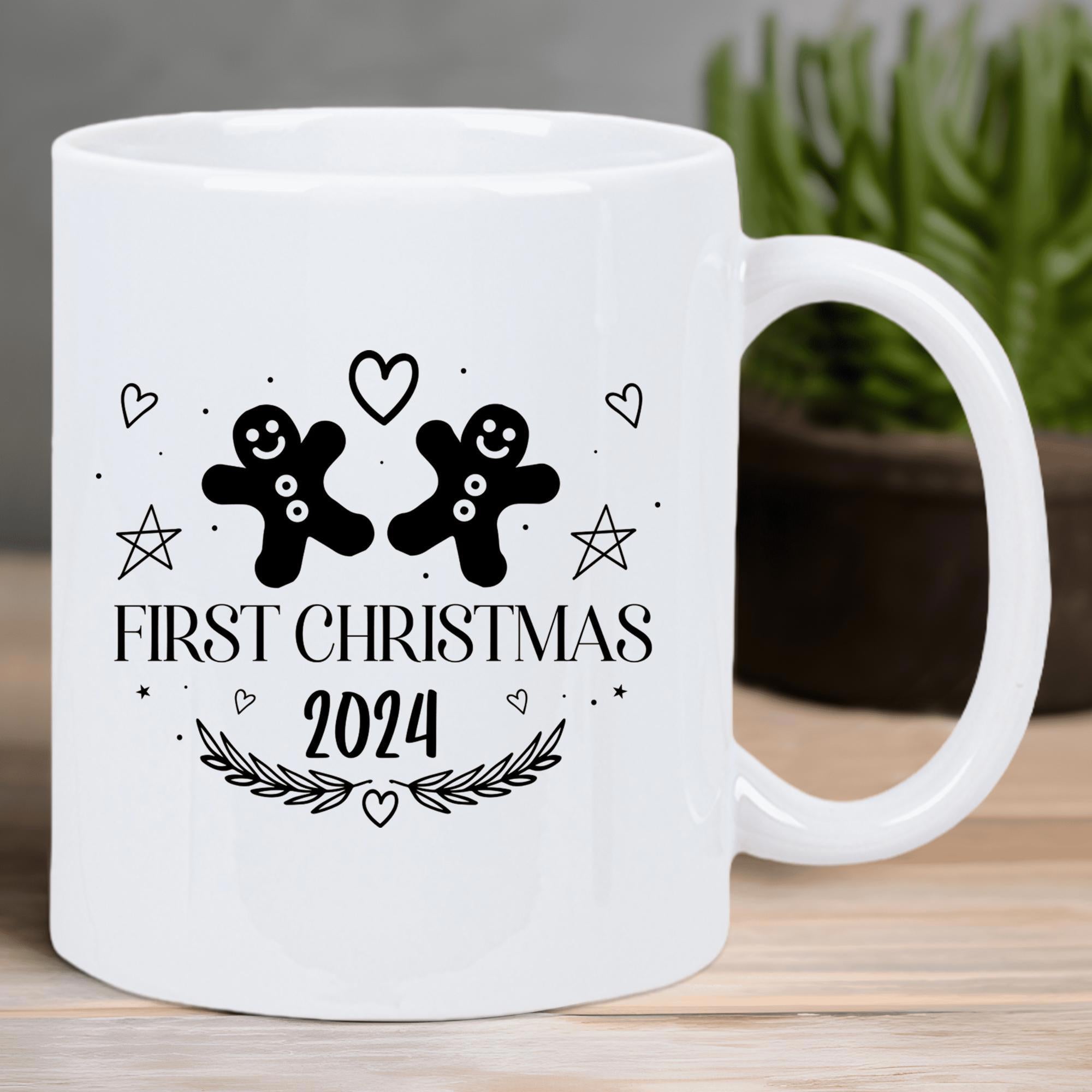 Tailorly White Ceramic 11 oz Mug - First Christmas 2024 Two Cute Black Gingerbread Characters Among Floating Hearts And Twinkling Stars Wreath Gingerbread Man