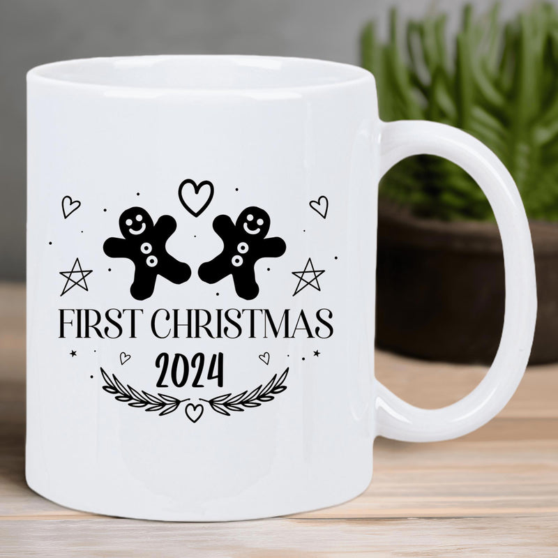 Tailorly White Ceramic 11 oz Mug - First Christmas 2024 Two Cute Black Gingerbread Characters Among Floating Hearts And Twinkling Stars Wreath Gingerbread Man