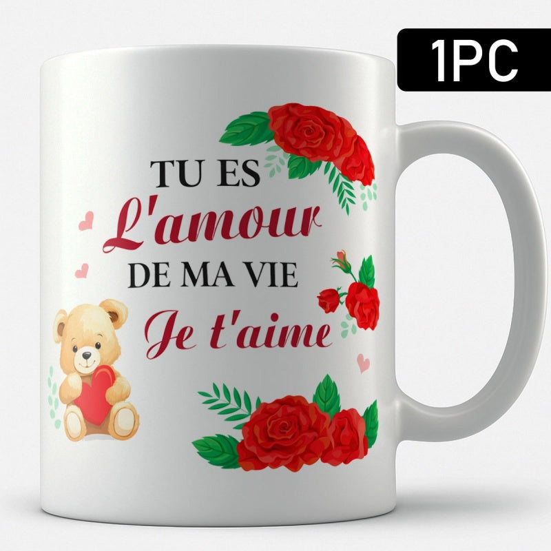Tailorly White Ceramic 11 oz Mug - Adorable Cartoon Holding Red Heart Surrounded By Blooming Rose Flowers Teddy Bear