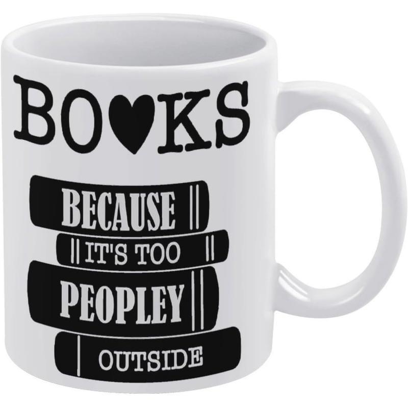 Tailorly White Ceramic 11 oz Mug - Books Because It's Too Peopley Outside Minimalist Black Stylized Stack Of Literature With Heart Graphic Book