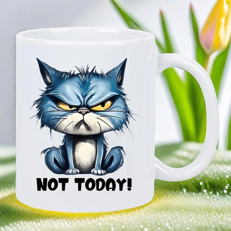 Tailorly White Ceramic 11 oz Mug - Not Today Grumpy Blue Furry Animal Sitting With Intense Yellow Eyes Expression Cat